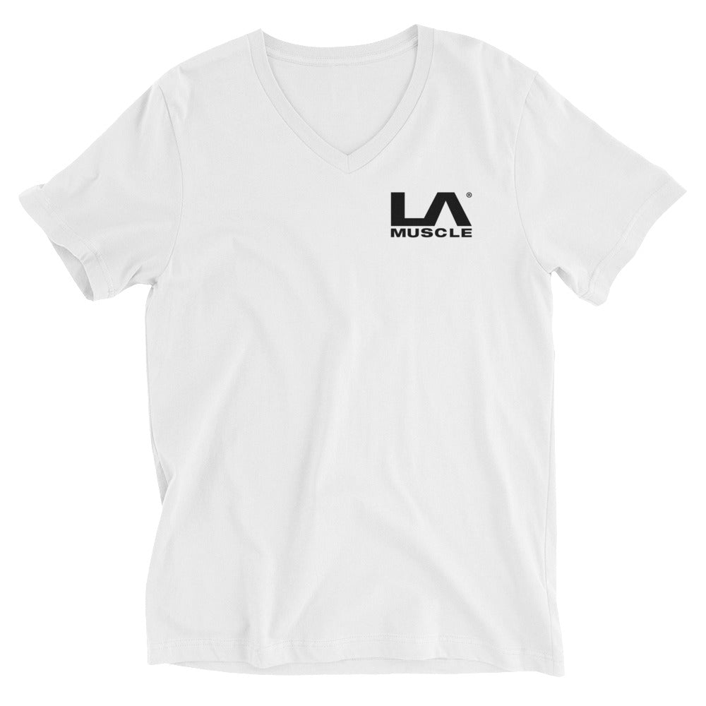 LA Muscle White with Black Logo Unisex Short Sleeve V-Neck T-Shirt