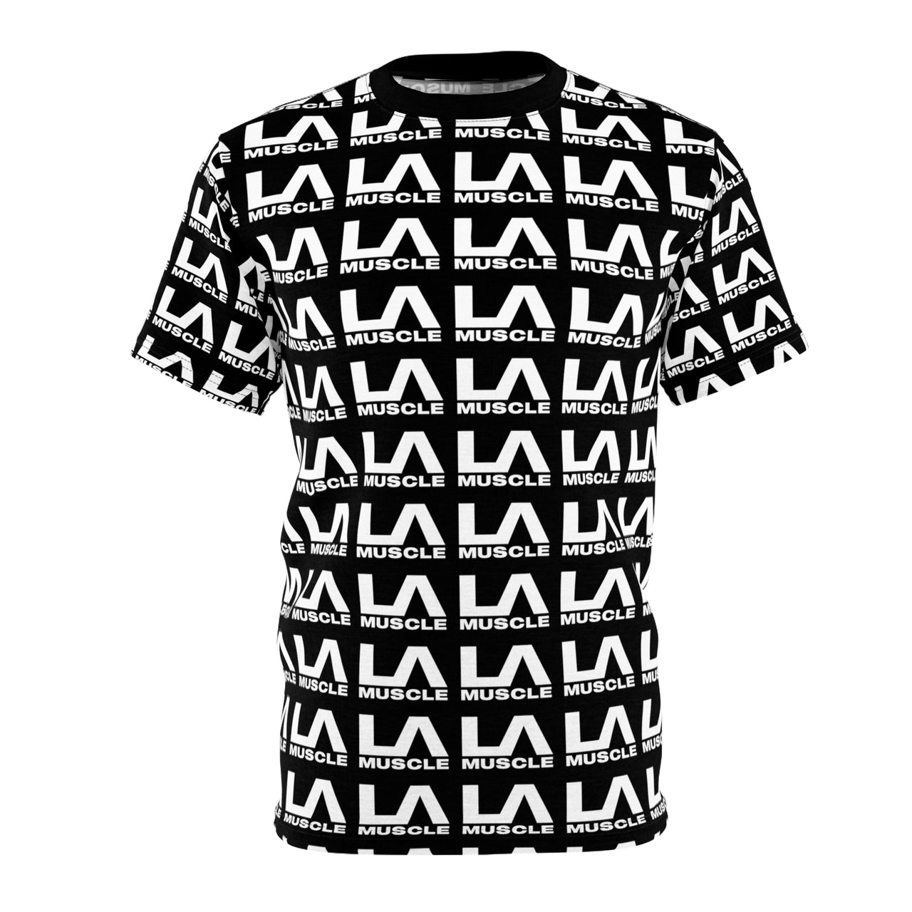 LA Muscle Logo White on Black T-Shirt All Over Print Polyester
